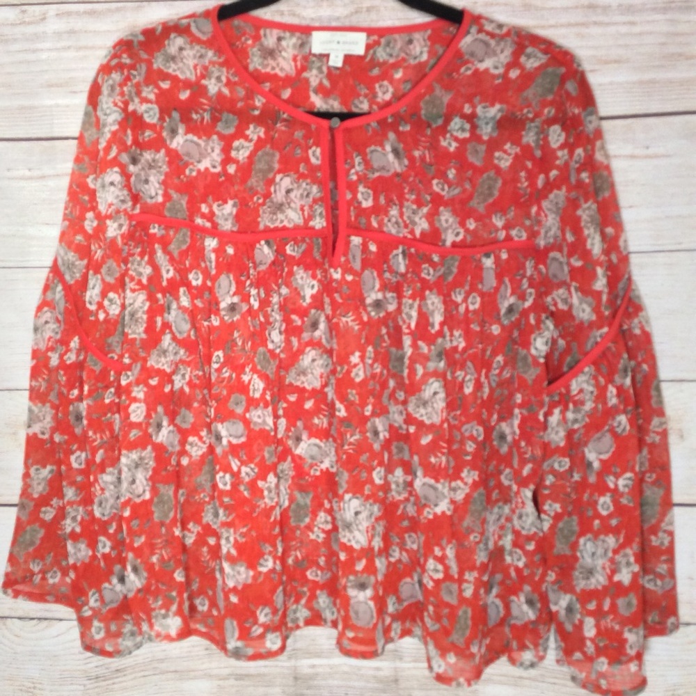 Lucky Brand Sheer Red Orange Floral Blouses